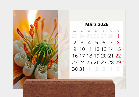 🌸 Tischkalender 2026 – Blumen-Nahaufnahmen mit Holzfuß